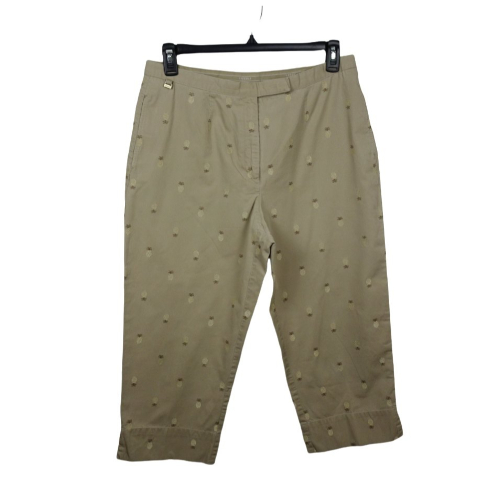 LizGolf Liz Claiborne Capri Cropped Pants Pineapple Embroidery Tan Casual 14